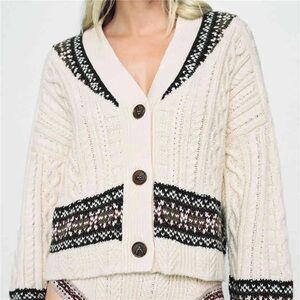 Zara Cream Cable Knit Cardigan with Black and Brown Fair Isle Trim